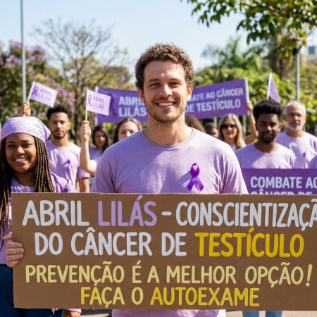 Group of people wearing purple holding signs advocating testicular cancer awareness and prevention