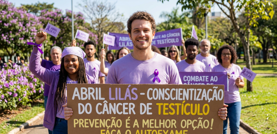 Group of people wearing purple holding signs advocating testicular cancer awareness and prevention